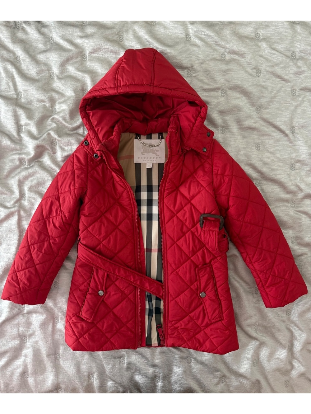 Burberry Girls Red Quilted Jacket Size 6 Years Hooded Belted Nova Check Lining